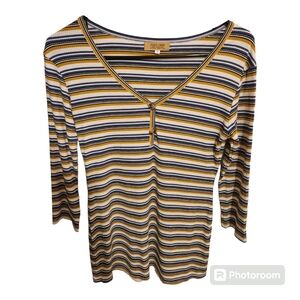 NWOT-Piko 1988 3/4 Sleeve women's top. Size S. Color: yellow/blue/white